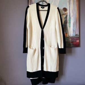 Colour Works Sz M Black/White Ikat Print Open Front Knit Cardigan Sweater 💖